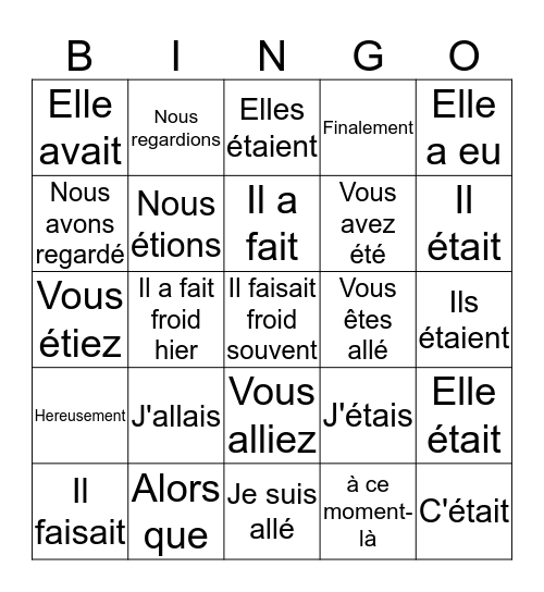 L'imparfait vs. Le passé composé, etc... Bingo Card