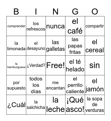 COMIDA Bingo Card