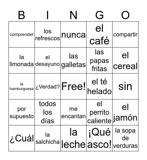 COMIDA Bingo Card