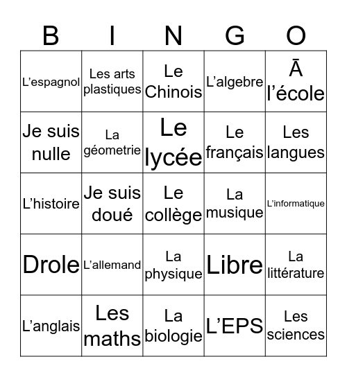 French 3B Bingo Card