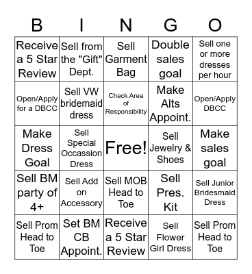 Bridal Christmas Bingo (Dress Specialist) Bingo Card