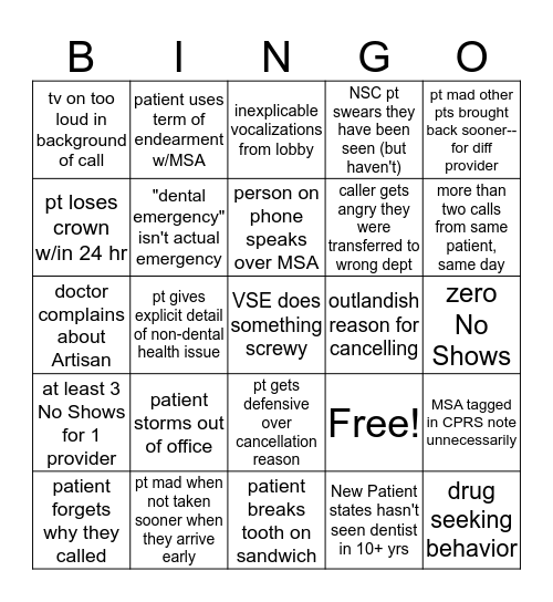 The Return of Dental Bingo Card