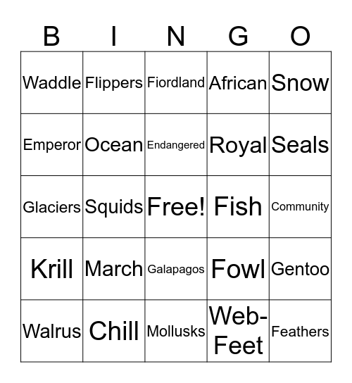 PENGUINS Bingo Card