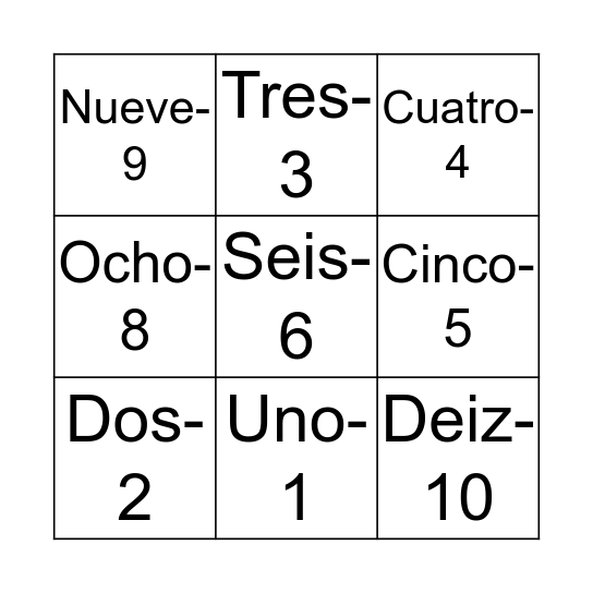 Spanish Number Bingo Card