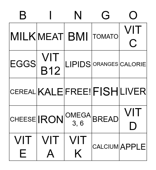 NUTRITION BINGO Card