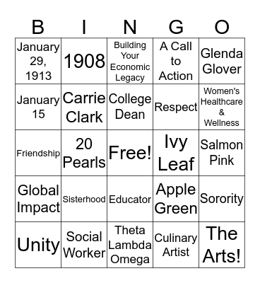 Theta Lambda Omega Sisterly Relations Bingo Card