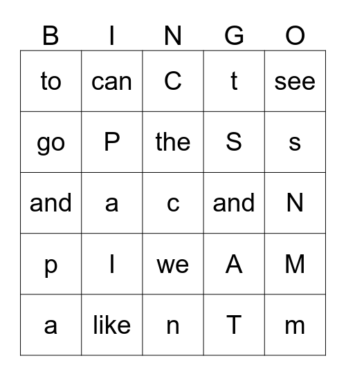 High Frequency Word / Letters Bingo Card