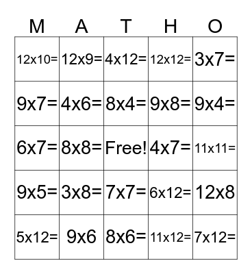 Multiplication Bingo Card