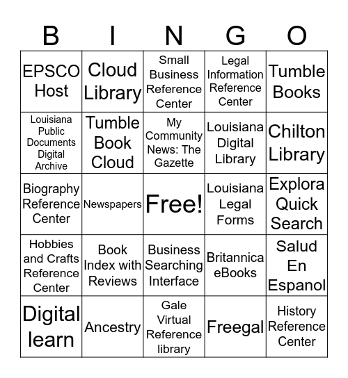 Digital Library Bingo Card