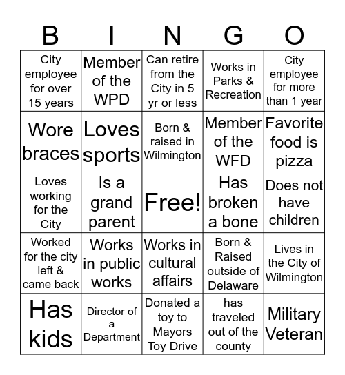 City of Wilmington Holiday Bingo Card
