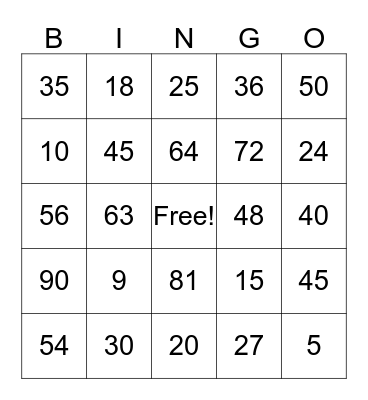 Multiplication Table (9x,5x,8x) Bingo Card