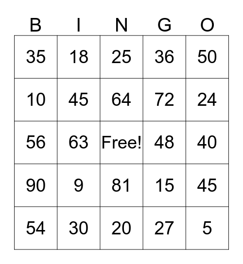 Multiplication Table (9x,5x,8x) Bingo Card