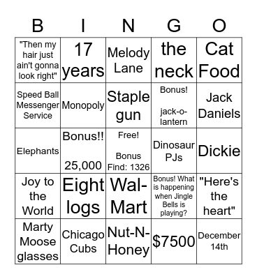 National Lampoon's Christmas Vacation Bingo Card