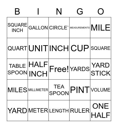 MEASUREMENTS Bingo Card