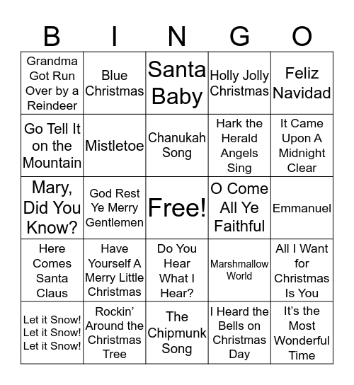 Christmas Song Bingo Card