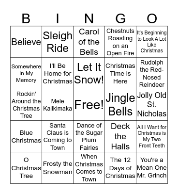 Name That Tune Christmas BINGO Card