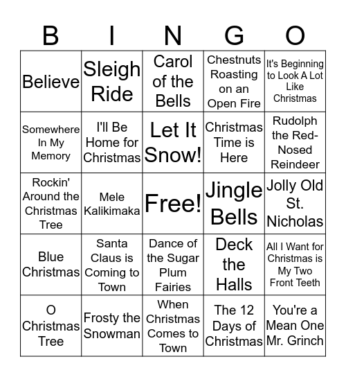 Name That Tune Christmas BINGO Card