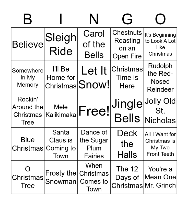 Name That Tune Christmas BINGO Card