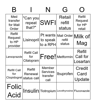 Pharmacy Bingo Card