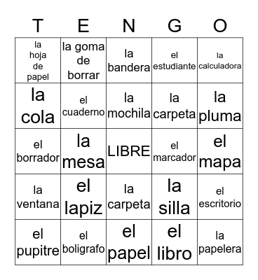Las Cosas en la Clase Bingo Card