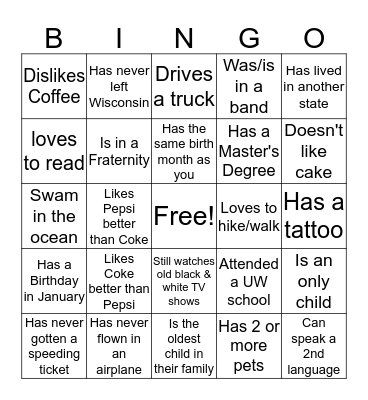 GETTING TO KNOW YOU BINGO Card