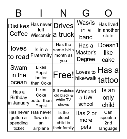 GETTING TO KNOW YOU BINGO Card