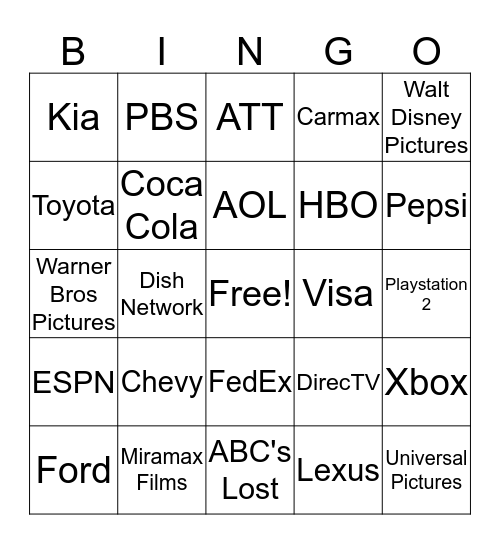 Super Bowl Commercials Bingo Card