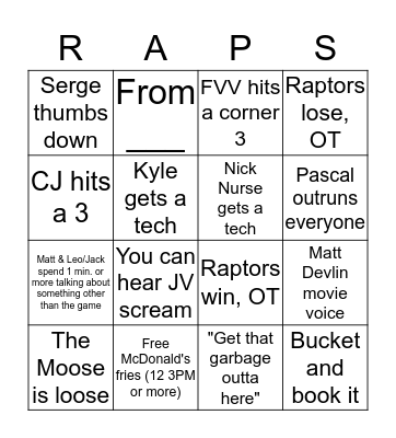 Raptors Bingo Card