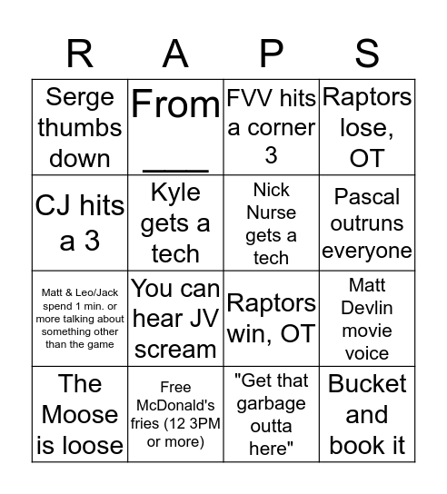Raptors Bingo Card