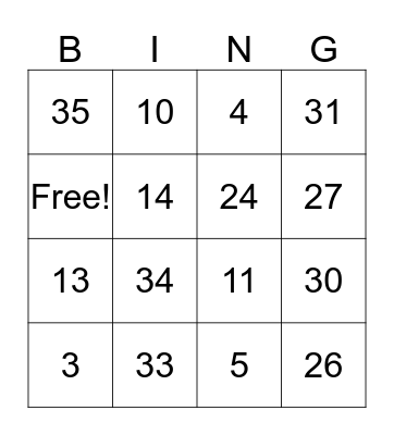 NUMBER Bingo Card