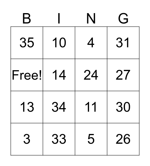 NUMBER Bingo Card