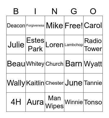 Jennings Family Memories Bingo Card
