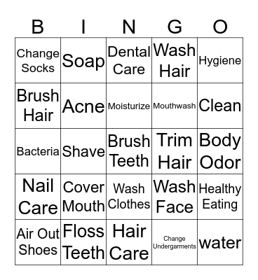 Personal Hygiene Bingo Card