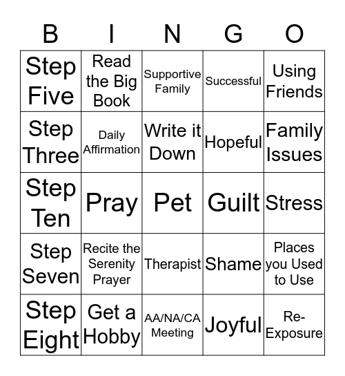 Recovery Bingo Card