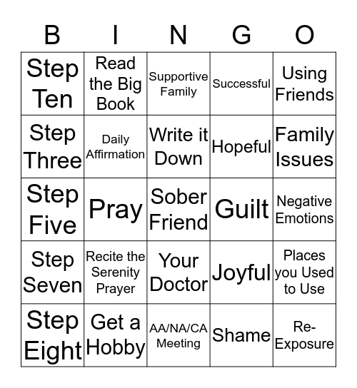 Recovery Bingo Card