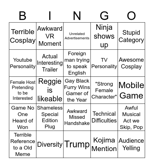 Game Awards 2018 Bingo Card