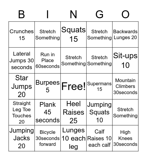 Exercise Bingo Card