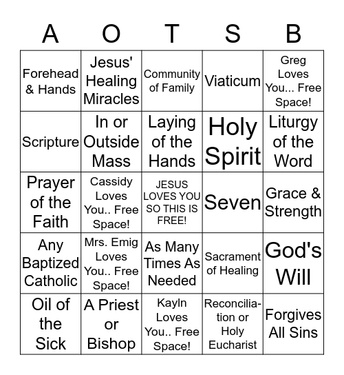 Anointing of the Sick Bingo: ANOINTO Bingo Card