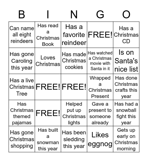 Human Holiday Bingo Card
