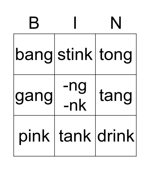 woorden op -ng of -nk Bingo Card