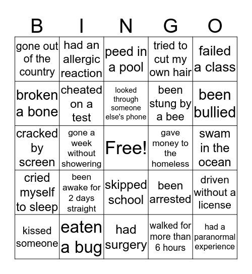 Never Have I Ever Bingo Card