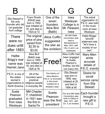 PEO New Mexico 2018 Bingo Card
