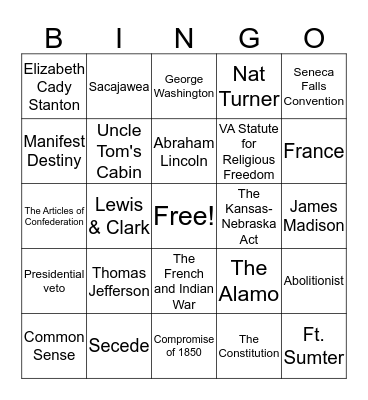 Mrs. Seetin's US/VA Winter Review Bingo Card