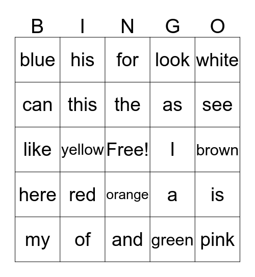 Heart Words Bingo Card