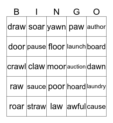 au  aw  oor  oar   sounds Bingo Card