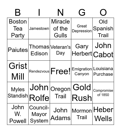 Knowledge Bowl History Bingo Card