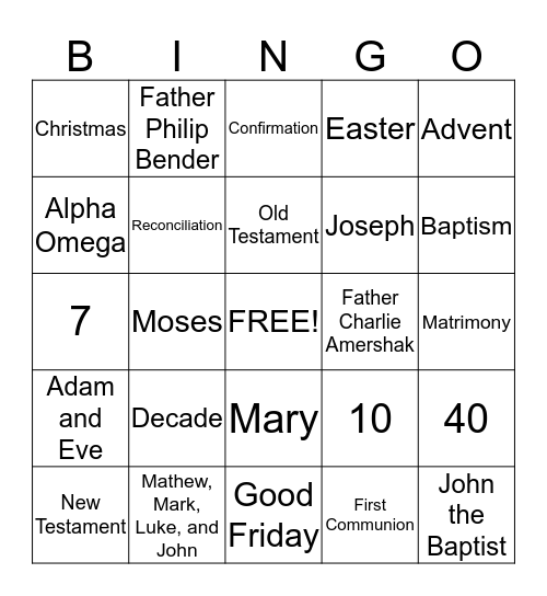 Good Shepherd Bingo Card