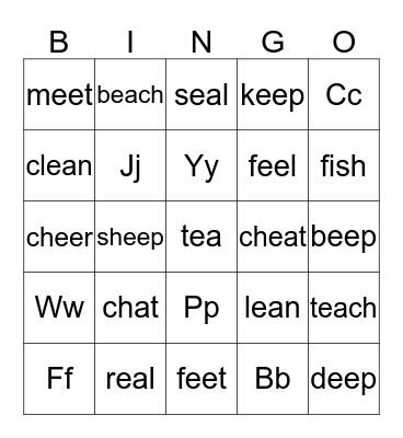 sh ch th ee ea hard letters Bingo Card