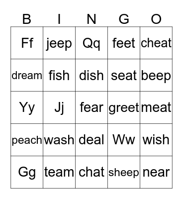 ee ea sh ch th hard letters Bingo Card