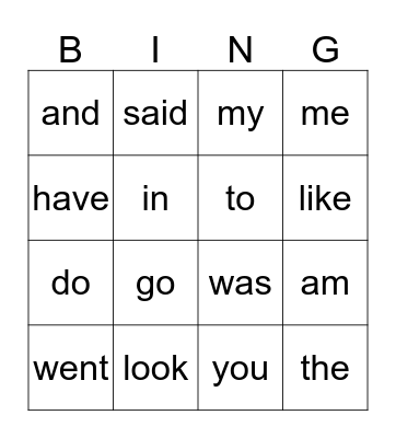 sight words Bingo Card
